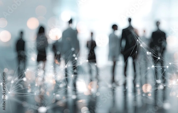 Obraz Silhouetted figures connected by abstract network lines, soft focus bokeh