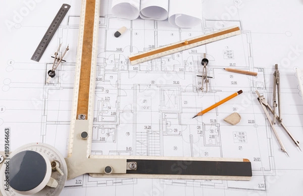 Obraz Architectural project, engineering tools on table.