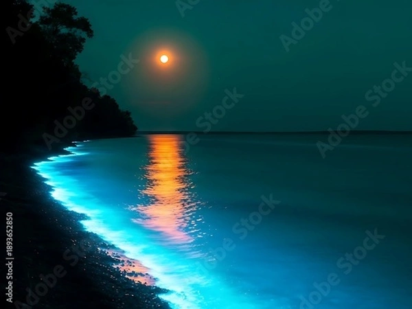 Obraz Bioluminescent ocean waves under a full moon