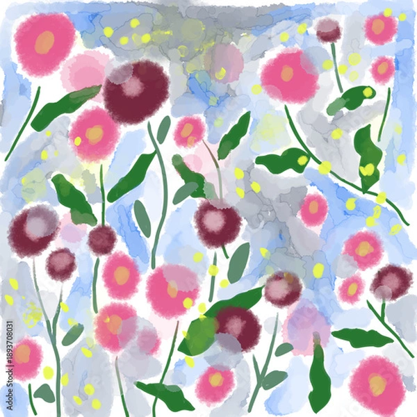 Fototapeta 水彩の花柄　壁紙　素材イラスト