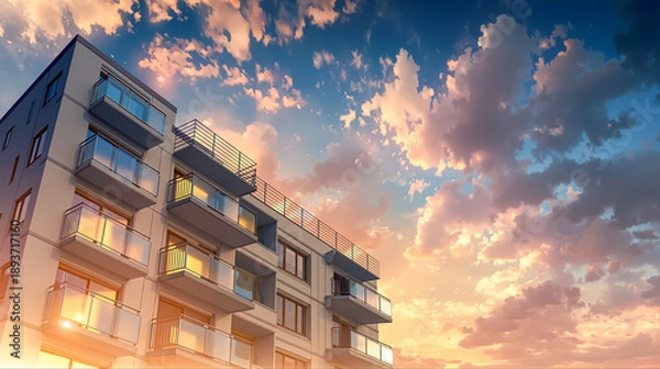 Obraz 夕焼けの美しい空と雲を背景にしたモダンなマンションの外観のアニメ風イラスト
