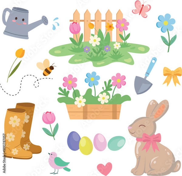 Fototapeta Cute Spring Set with Flowers, Easter Elements in Flat Style