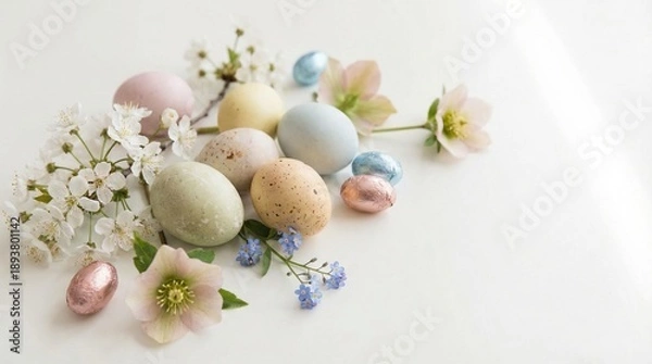 Fototapeta Easter Eggs and Spring Flowers Minimal Composition