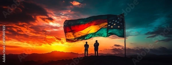 Obraz Two Silhouettes Stand Before a Waving Flag at Dramatic Sunset clouds