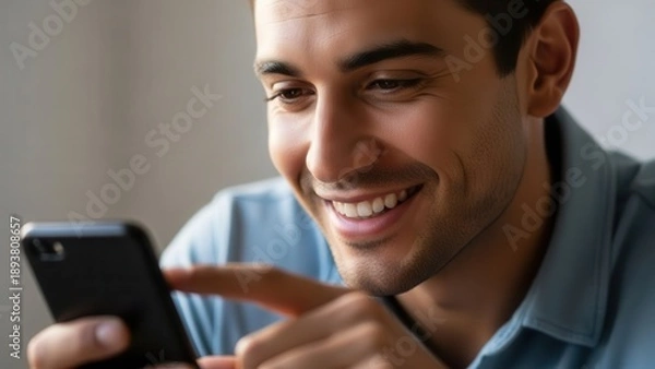 Obraz Man smiling at smartphone screen