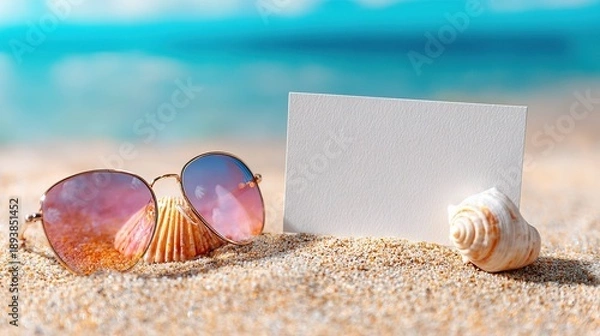 Obraz Blank Paper Frame Surrounded by Seashells on Sandy Background