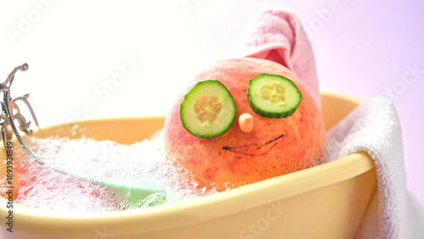 Obraz Cute peach taking a bubble bath with cucumber slices