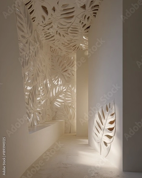 Obraz Modern White Interior Corridor With Laser Cut Leaf Patterns
