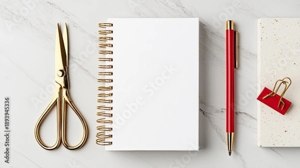 Obraz Gold Scissors Red Pen Empty Notebook On Marble Surface