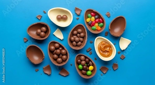 Fototapeta Assorted Chocolate Easter Eggs with Candies Inside.
