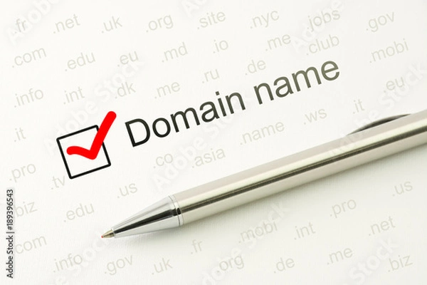 Fototapeta Domain name choice concept, web site naming zones. Buy www internet address.