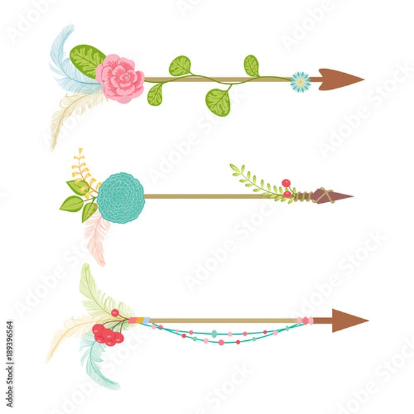 Fototapeta Vintage arrow set with floral element and feather