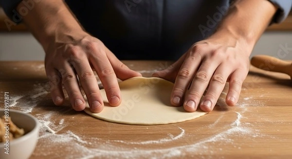 Obraz Hands shaping dough on floured surface for cooking.
