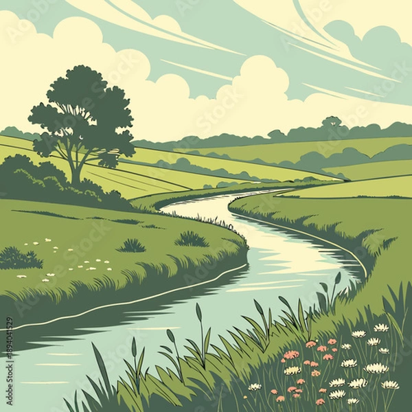 Obraz Serene River Flowing Through Green Fields - Vector Illustration