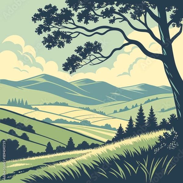 Obraz Flat Vector Countryside Landscape with Mountains