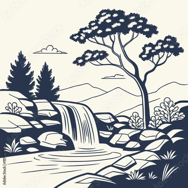 Obraz Flat Vector Waterfall Landscape with Rocks and Trees