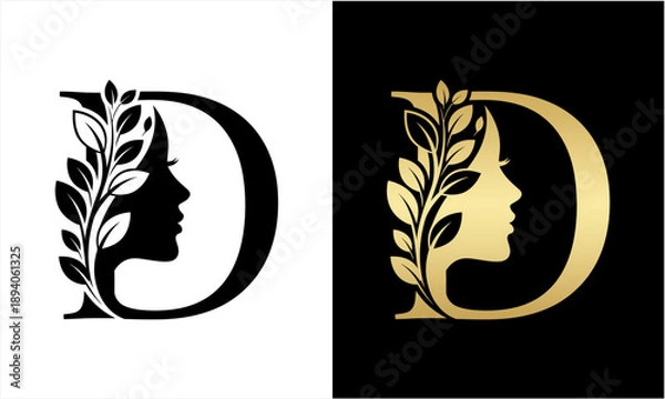 Obraz Elegant Letter D Logo with Womans Face and Botanical Elements.