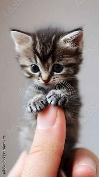 Fototapeta Title: Tiny Kitten Holding Finger with Cute Expression
