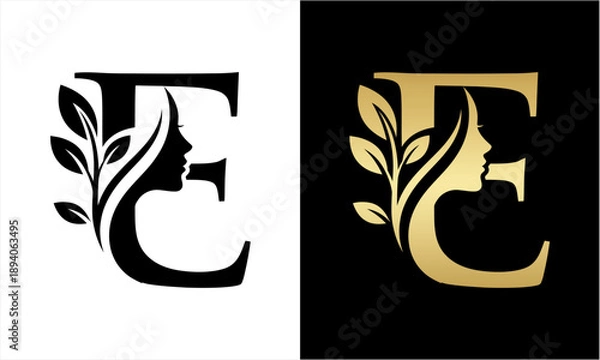 Obraz Elegant Letter E Logo with Womans Face and Leaf Design.