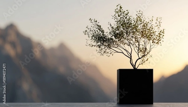 Fototapeta Small tree in black cube pot, mountain backdrop
