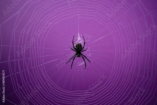 Obraz Black Spider on Purple Circular Cobweb