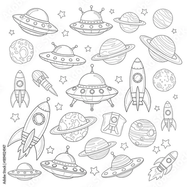 Obraz Space Elements Clipart Set with Planets and UFOs.
