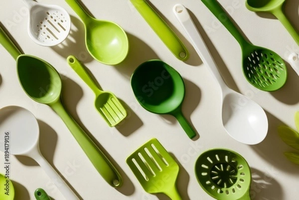 Obraz Green Kitchen Utensils Arranged in Creative Flat Layout