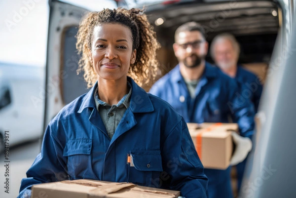 Fototapeta Smiling Delivery Workers with Packages