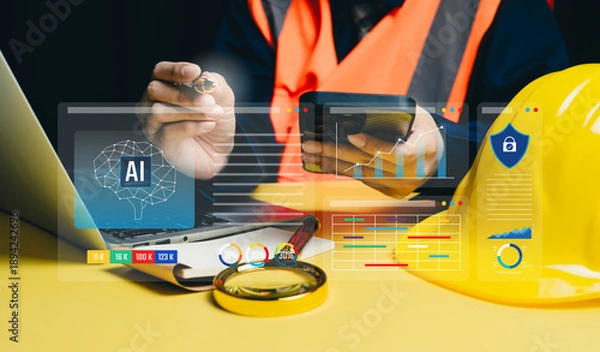 Fototapeta AI construction management concept, engineer using smartphone with artificial intelligence dashboard and security interface, project tracking, data protection, smart infrastructure analytics system