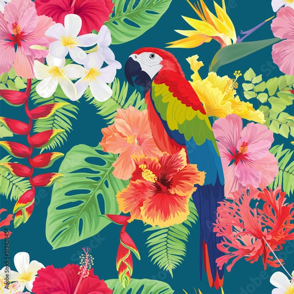 Fototapeta Beautiful seamless pattern with hibiscus flowers and macaw on dark green background. Vector set of blooming tropical floral for wedding invitations, greeting card and fashion design.