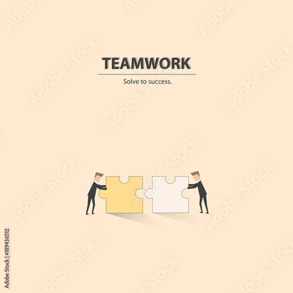 Fototapeta Businessman pushing jigsaw puzzle to make it completed. Business concept of teamwork, cooperation and collaboration. Vector illustration.