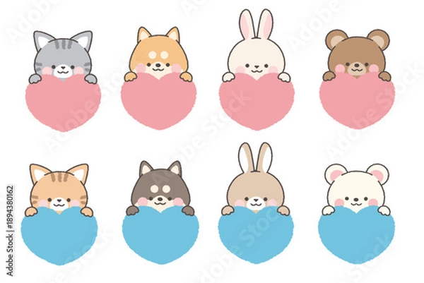 Obraz ハートの上から顔を出す動物　セット