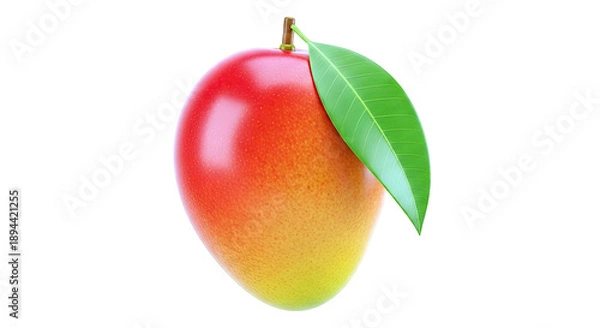 Obraz Ripe Mango with a Leaf on a White Background