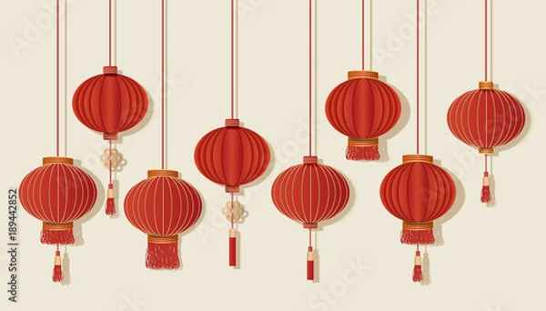 Fototapeta Happy Chinese new year. Festive red lanterns set on background.