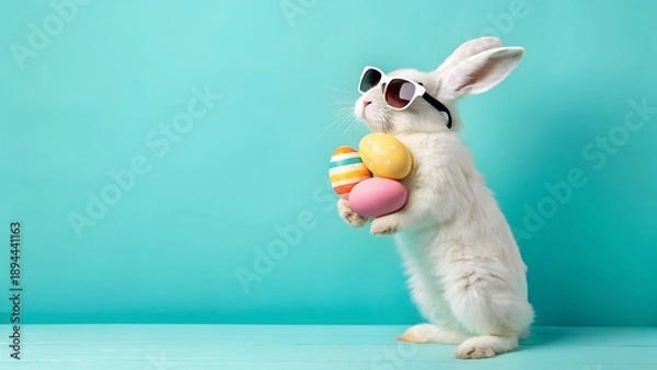 Obraz easter bunny holding eggs, studio shot, 