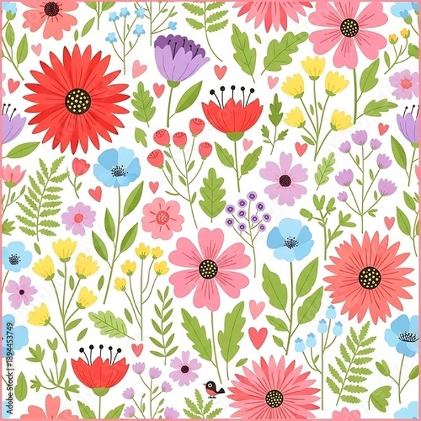 Obraz Vibrant Seamless Pattern Stylized Floral Elements White Background