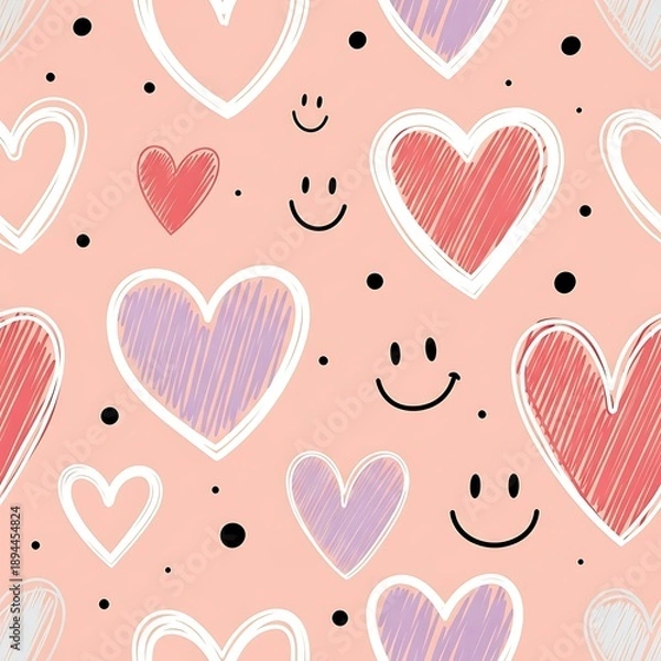 Obraz Hand Drawn Hearts Smiley Faces Pattern Pink Background