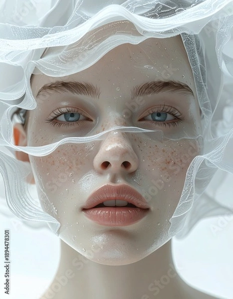 Obraz Young Womans Face with Translucent Fabric Draped Over Her.