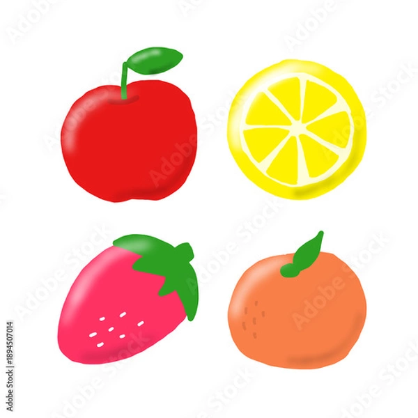 Obraz 水彩風の可愛いフルーツイラストセット（リンゴ・レモン・イチゴ・ミカン）