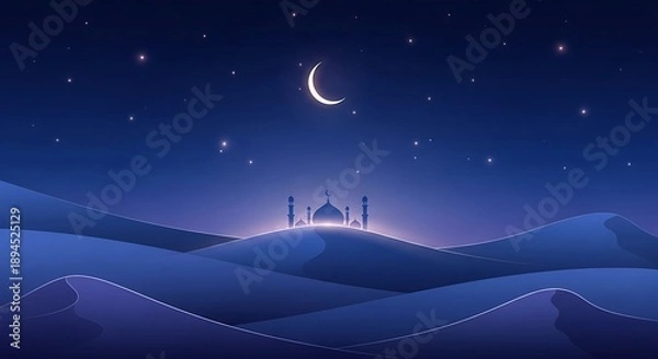 Obraz Desert Landscape with Mosque under Crescent Moon.