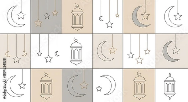 Obraz Islamic Symbols and Lanterns in Grid Pattern.