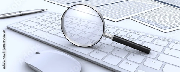 Obraz 虫メガネとキーボードとビジネス書類