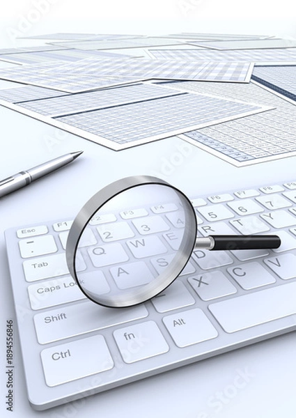 Obraz 虫メガネとキーボードとビジネス書類