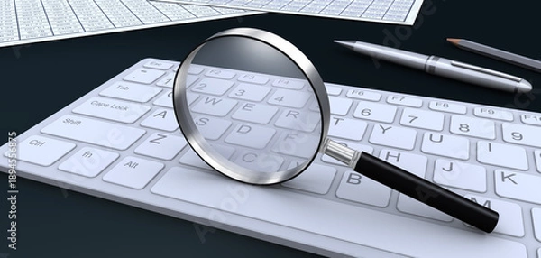 Obraz 虫メガネとキーボードとビジネス書類