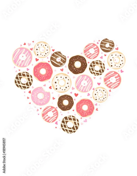 Fototapeta Vector heart of color donuts. Vector illustration of chocolate, glazed donuts. Pattern with glazed hearts. Food, pastry poster. Cafe wall design