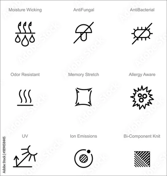 Fototapeta Garments fabric technology and properties vector icon set. Moisture Wicking, Anti Fungal, Anti Bacterial, Ion Emissions, Allergy Aware, Memory Stretch, Odor Resistant, UV Resistant