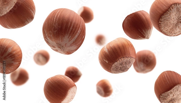 Obraz Ripe hazelnuts levitate on a white background