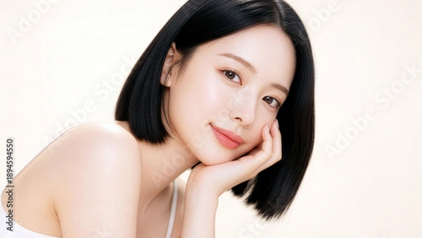 Obraz 頬に手を添えて微笑む女性のビューティーポートレート、透明感のある美肌とナチュラルメイクのスキンケアイメージ