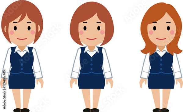 Fototapeta 両手を下ろし、すまし顔のネイビー事務服の若い女性