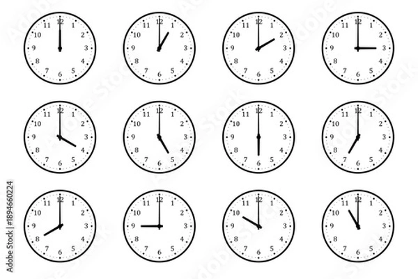 Fototapeta 1時間刻みのアナログ時計アイコンセット（0時から11時・シンプル・モノクロ）